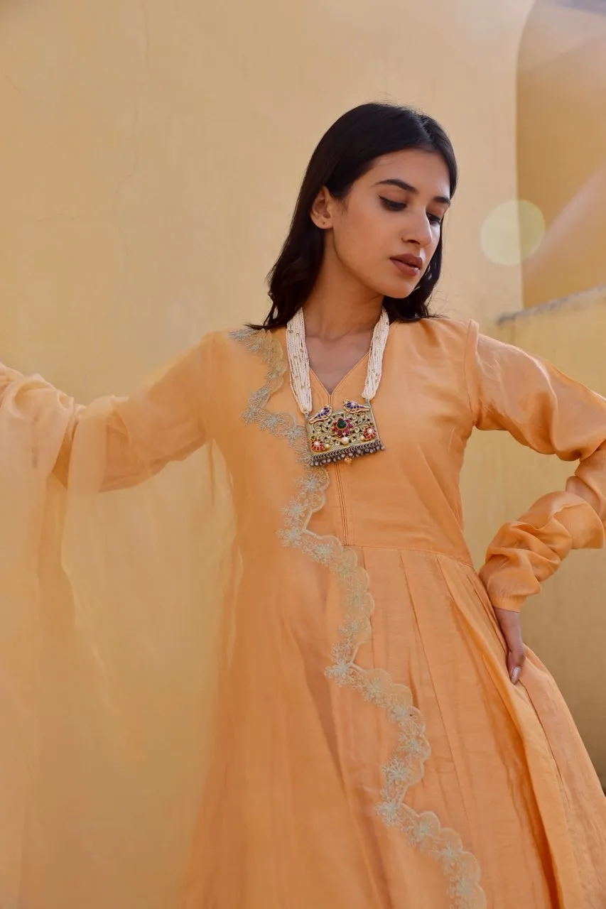 Yellow zari work chanderi anarkali set