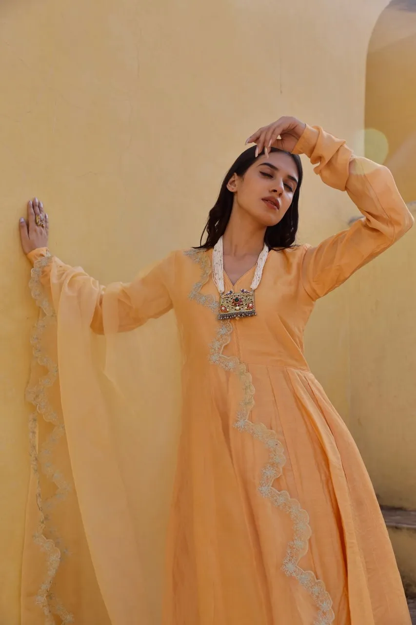 Yellow zari work chanderi anarkali set