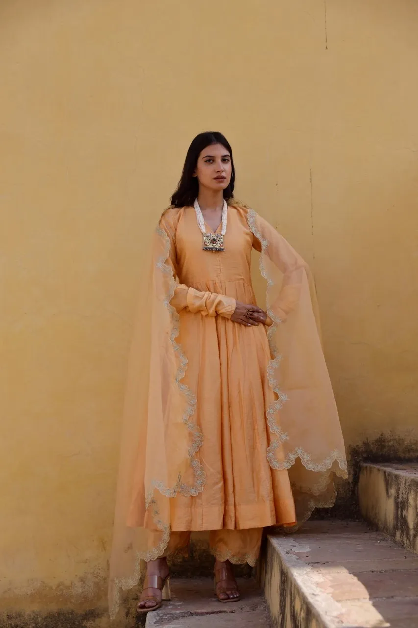 Yellow zari work chanderi anarkali set