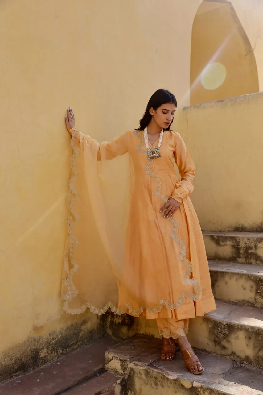 Yellow zari work chanderi anarkali set